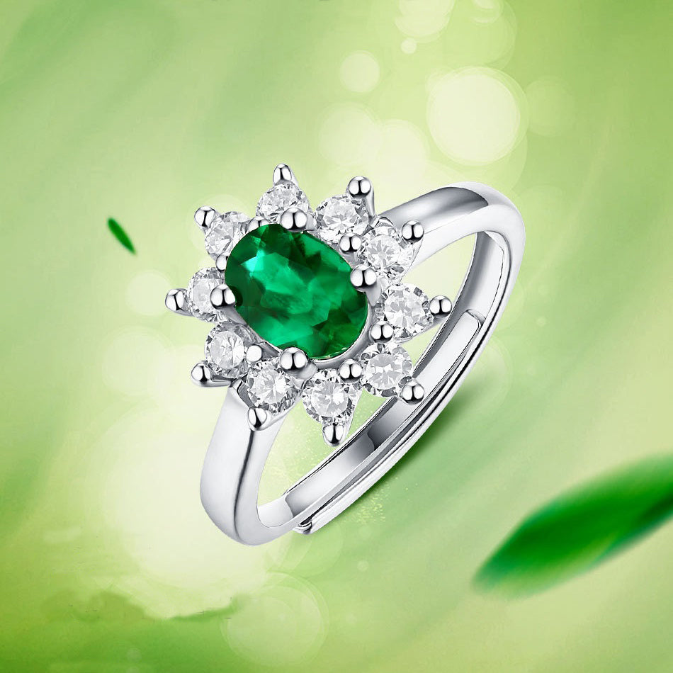 Adjustable Emerald & Zircon Ring - S925 Sterling Silver Open Band, 10 Stone Bohemian Statement Ring for Women