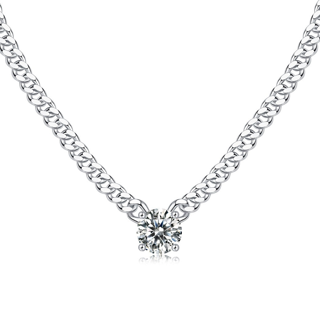 3 Carat Moissanite Cuban Chain Necklace - S925 Sterling Silver Plated White Gold Men's Or Women's Unisex Collarbone Chain, Light Luxury Jewelry
