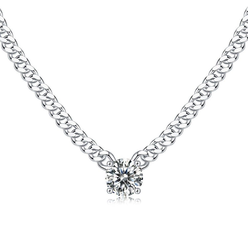 3 Carat Moissanite Cuban Chain Necklace - S925 Sterling Silver Plated White Gold Men's Or Women's Unisex Collarbone Chain, Light Luxury Jewelry