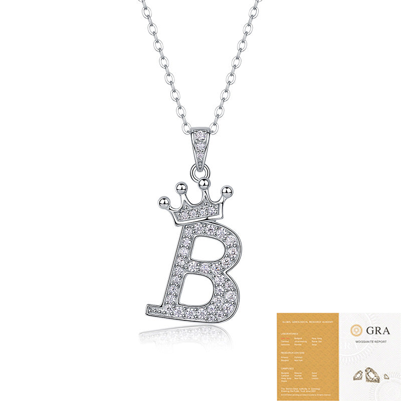 Collier avec initiale en forme de couronne - Pendentif en moissanite en argent sterling S925, chaîne de clavicule, bijou personnalisé avec lettre et halo pavé