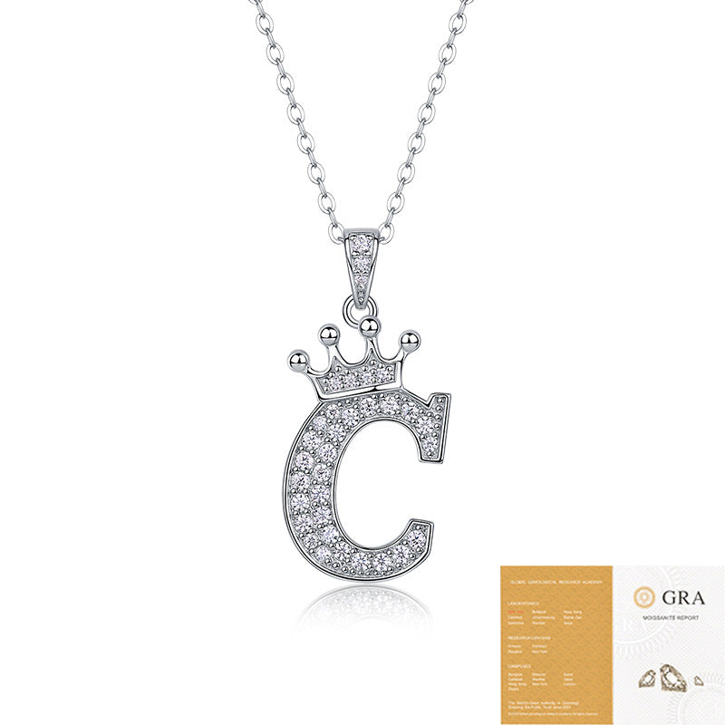 Collier avec initiale en forme de couronne - Pendentif en moissanite en argent sterling S925, chaîne de clavicule, bijou personnalisé avec lettre et halo pavé