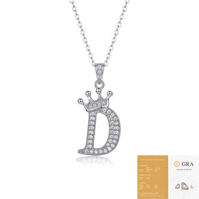 Collier avec initiale en forme de couronne - Pendentif en moissanite en argent sterling S925, chaîne de clavicule, bijou personnalisé avec lettre et halo pavé