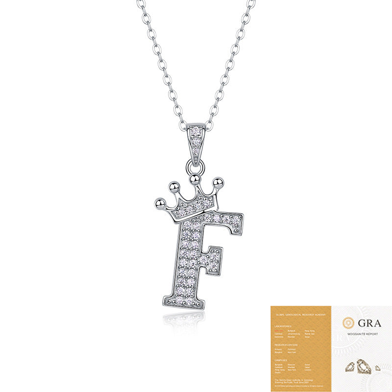 Collier avec initiale en forme de couronne - Pendentif en moissanite en argent sterling S925, chaîne de clavicule, bijou personnalisé avec lettre et halo pavé