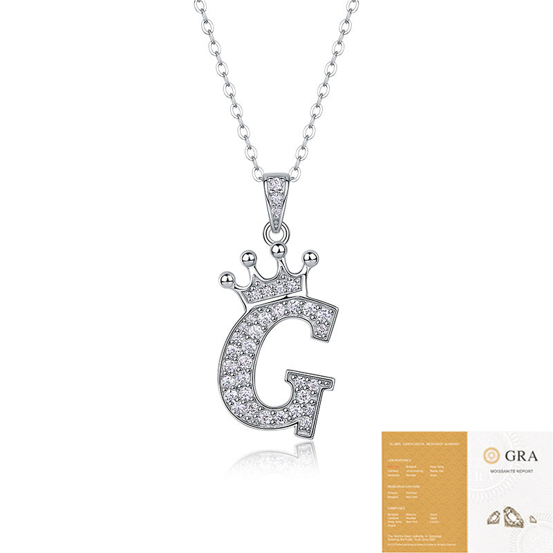 Collier avec initiale en forme de couronne - Pendentif en moissanite en argent sterling S925, chaîne de clavicule, bijou personnalisé avec lettre et halo pavé