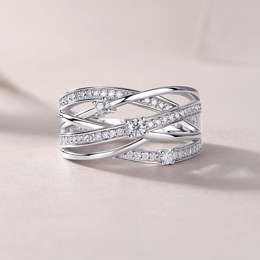 Geometric Moissanite Ring - S925 Sterling Silver Interlocking Design, Closed Band Statement Jewelry for Women