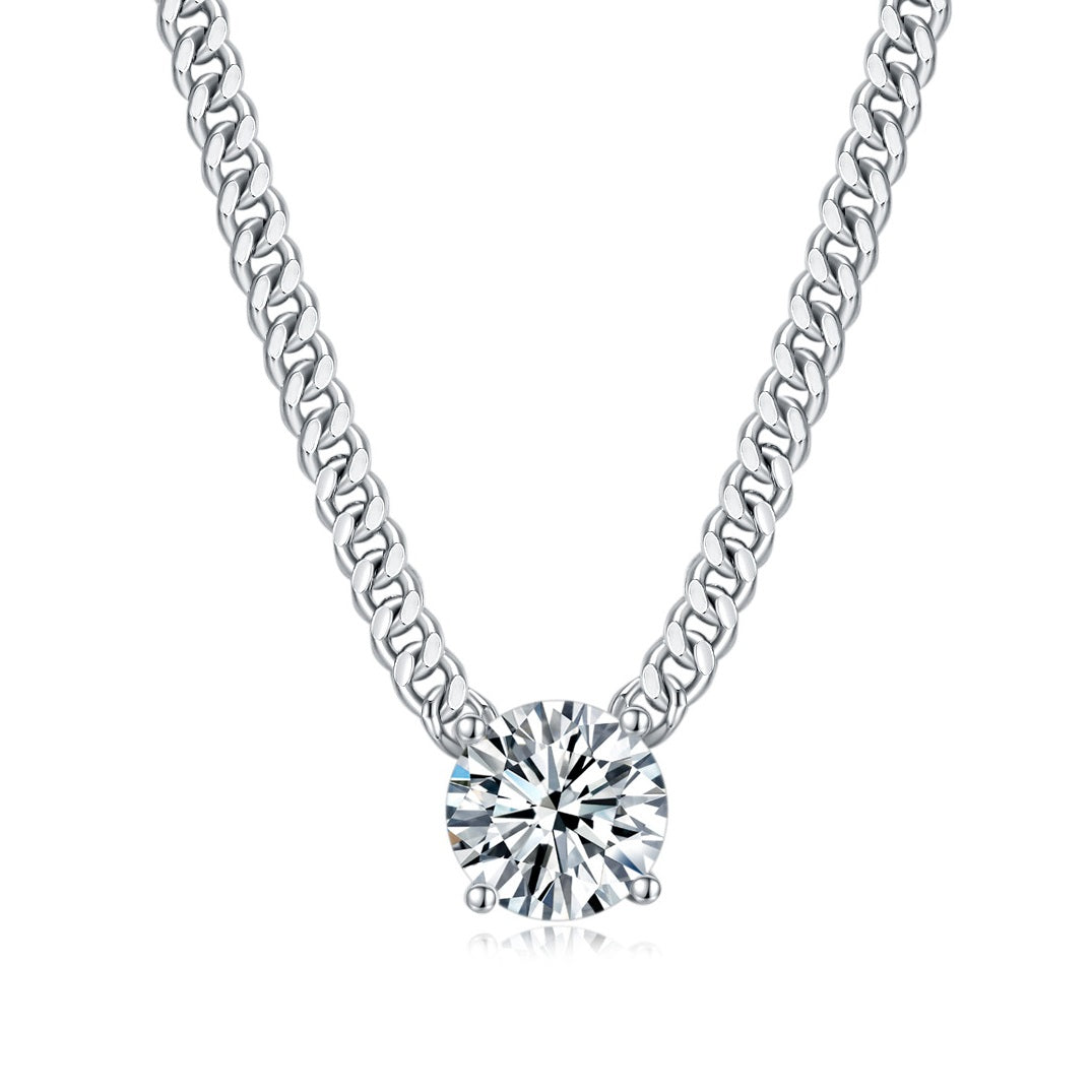 3 Carat Moissanite Cuban Chain Necklace - S925 Sterling Silver Plated White Gold Men's Or Women's Unisex Collarbone Chain, Light Luxury Jewelry