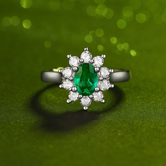 Adjustable Emerald & Zircon Ring - S925 Sterling Silver Open Band, 10 Stone Bohemian Statement Ring for Women