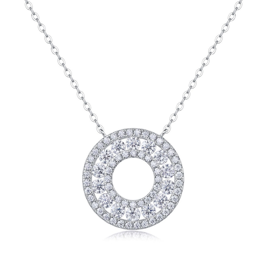 Pendentif en moissanite circulaire - Argent S925 plaqué or blanc 18 carats, 70 pierres 1,4 ct couleur D, taille 3EX, collier pour femme