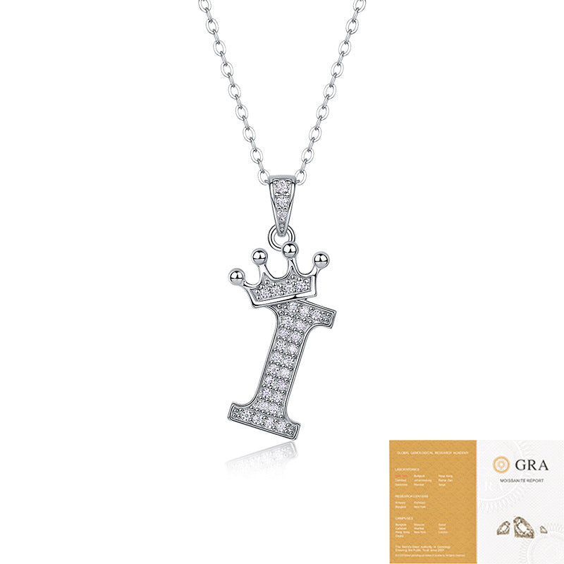 Collier avec initiale en forme de couronne - Pendentif en moissanite en argent sterling S925, chaîne de clavicule, bijou personnalisé avec lettre et halo pavé