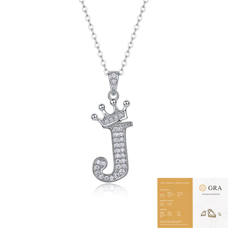 Collier avec initiale en forme de couronne - Pendentif en moissanite en argent sterling S925, chaîne de clavicule, bijou personnalisé avec lettre et halo pavé