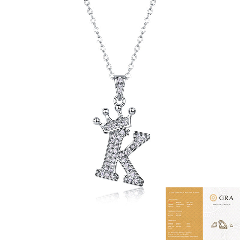 Collier avec initiale en forme de couronne - Pendentif en moissanite en argent sterling S925, chaîne de clavicule, bijou personnalisé avec lettre et halo pavé