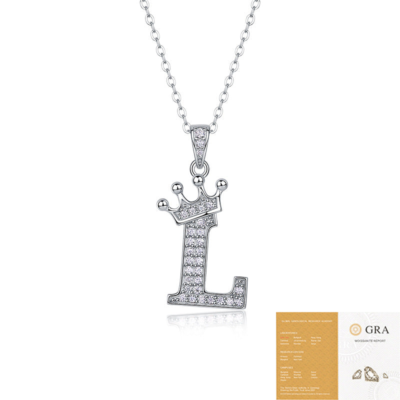 Collier avec initiale en forme de couronne - Pendentif en moissanite en argent sterling S925, chaîne de clavicule, bijou personnalisé avec lettre et halo pavé