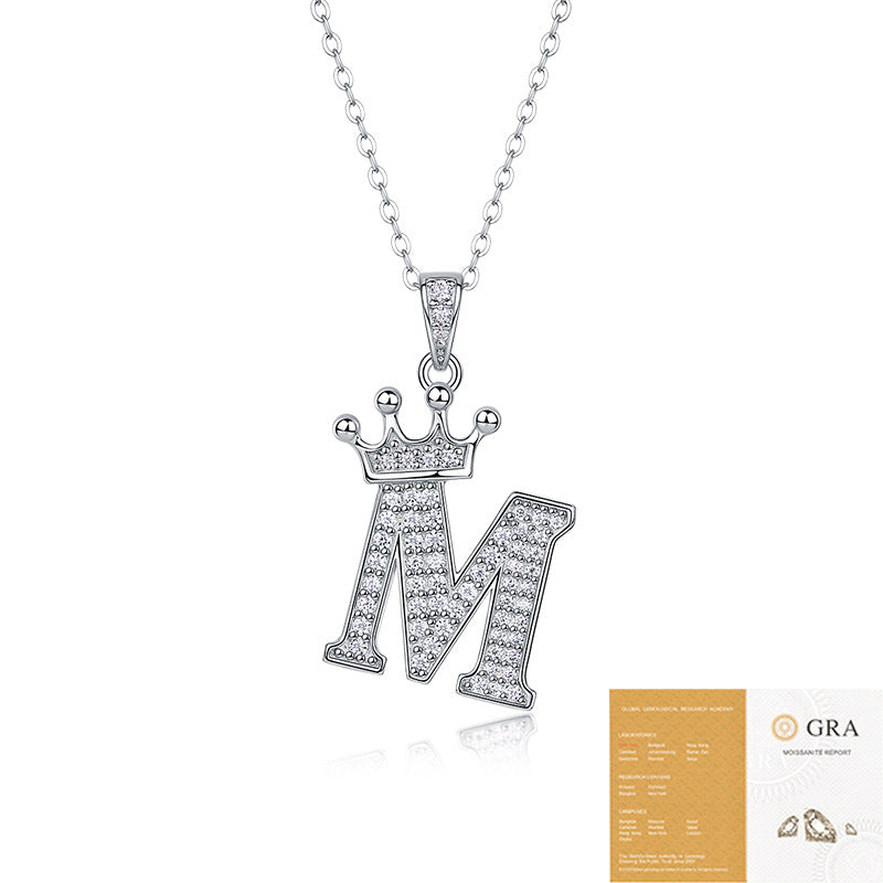 Collier avec initiale en forme de couronne - Pendentif en moissanite en argent sterling S925, chaîne de clavicule, bijou personnalisé avec lettre et halo pavé