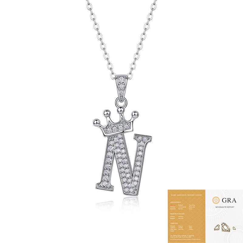 Collier avec initiale en forme de couronne - Pendentif en moissanite en argent sterling S925, chaîne de clavicule, bijou personnalisé avec lettre et halo pavé