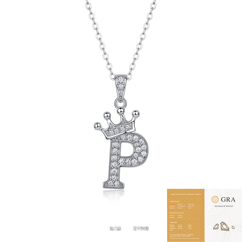 Collier avec initiale en forme de couronne - Pendentif en moissanite en argent sterling S925, chaîne de clavicule, bijou personnalisé avec lettre et halo pavé