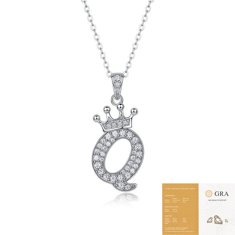 Collier avec initiale en forme de couronne - Pendentif en moissanite en argent sterling S925, chaîne de clavicule, bijou personnalisé avec lettre et halo pavé