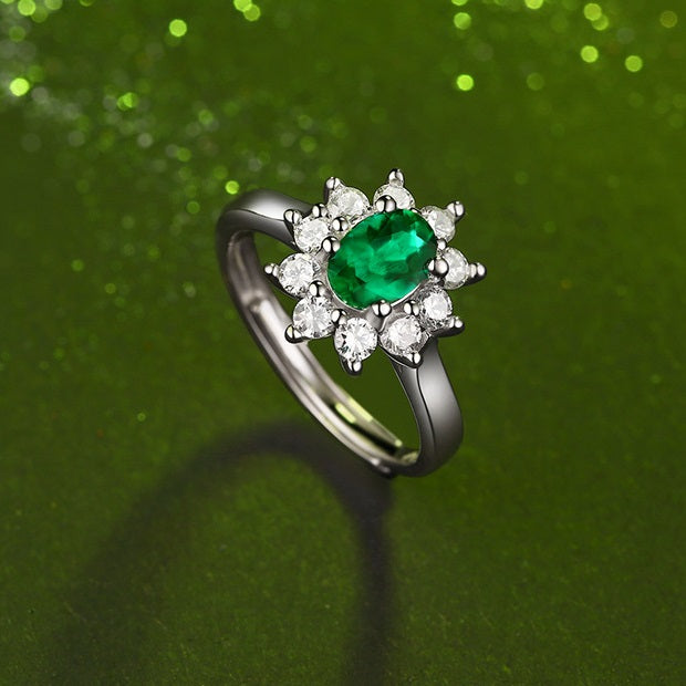 Adjustable Emerald & Zircon Ring - S925 Sterling Silver Open Band, 10 Stone Bohemian Statement Ring for Women