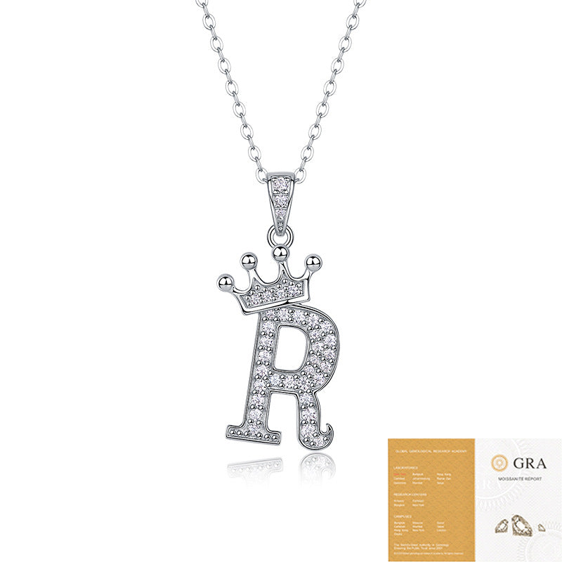 Collier avec initiale en forme de couronne - Pendentif en moissanite en argent sterling S925, chaîne de clavicule, bijou personnalisé avec lettre et halo pavé