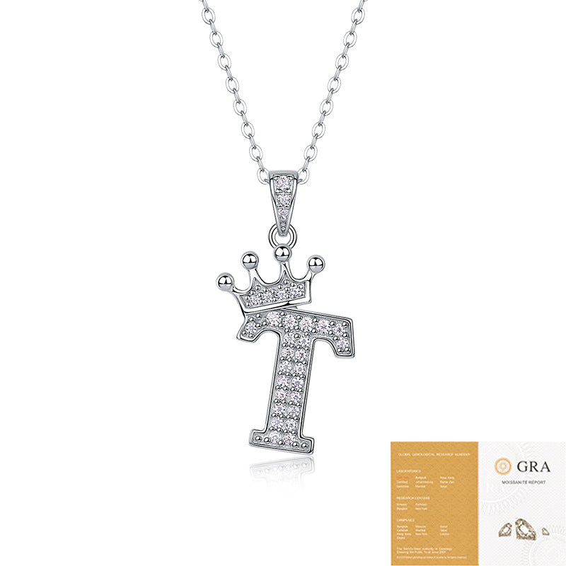 Collier avec initiale en forme de couronne - Pendentif en moissanite en argent sterling S925, chaîne de clavicule, bijou personnalisé avec lettre et halo pavé