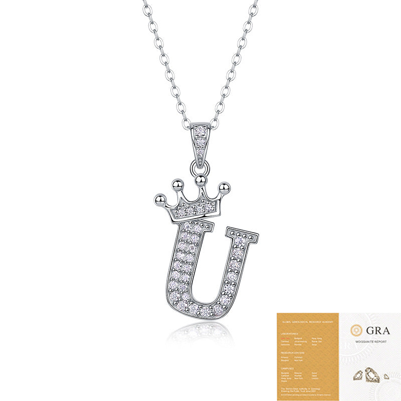 Collier avec initiale en forme de couronne - Pendentif en moissanite en argent sterling S925, chaîne de clavicule, bijou personnalisé avec lettre et halo pavé
