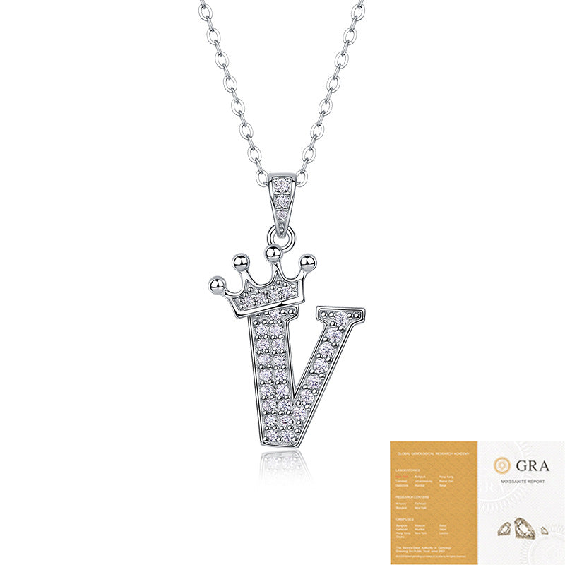 Collier avec initiale en forme de couronne - Pendentif en moissanite en argent sterling S925, chaîne de clavicule, bijou personnalisé avec lettre et halo pavé