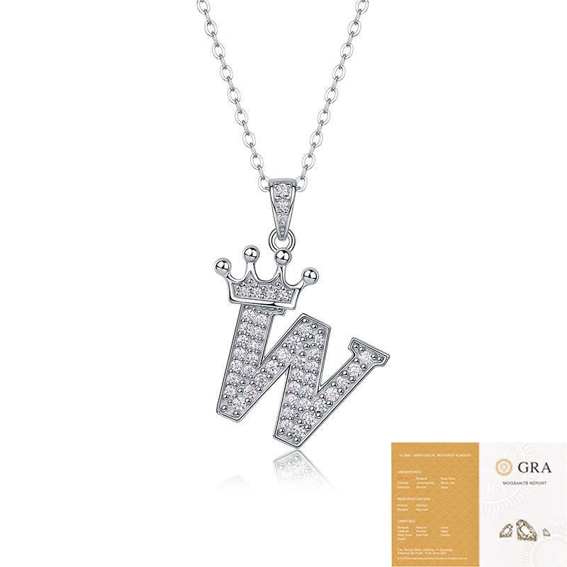 Collier avec initiale en forme de couronne - Pendentif en moissanite en argent sterling S925, chaîne de clavicule, bijou personnalisé avec lettre et halo pavé