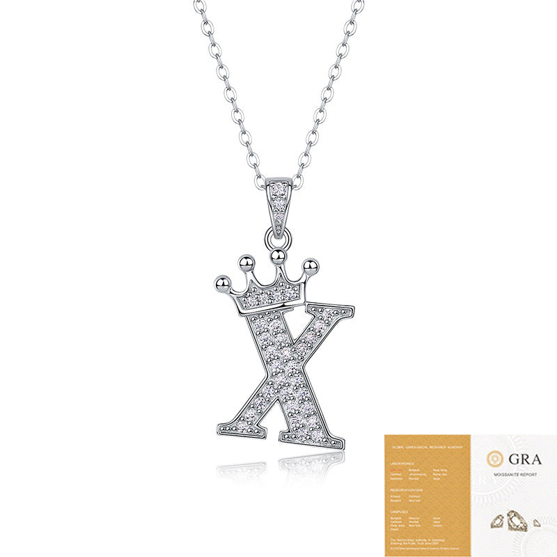 Collier avec initiale en forme de couronne - Pendentif en moissanite en argent sterling S925, chaîne de clavicule, bijou personnalisé avec lettre et halo pavé