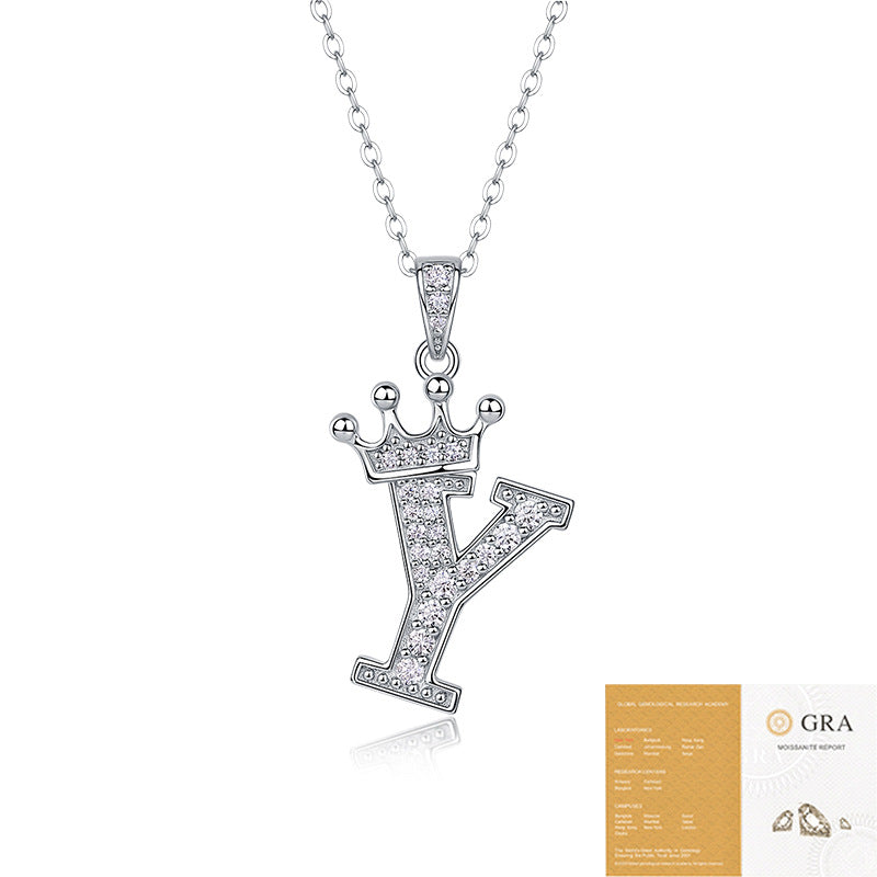 Collier avec initiale en forme de couronne - Pendentif en moissanite en argent sterling S925, chaîne de clavicule, bijou personnalisé avec lettre et halo pavé