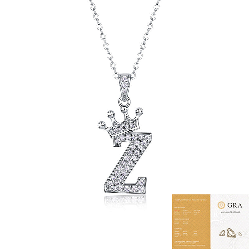 Collier avec initiale en forme de couronne - Pendentif en moissanite en argent sterling S925, chaîne de clavicule, bijou personnalisé avec lettre et halo pavé