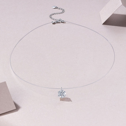 Mermaid Tears Moissanite Pendant Necklace - Invisible Thread Collarbone Chain, Sterling Silver Minimalist Jewelry