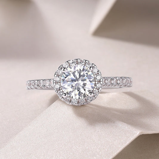 Moissanite Engagement Ring 1CT 6.5mm Round Cut S925 Silver Halo Ring for Women Wedding Jewelry