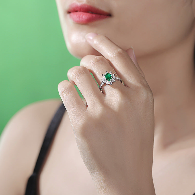 Adjustable Emerald & Zircon Ring - S925 Sterling Silver Open Band, 10 Stone Bohemian Statement Ring for Women