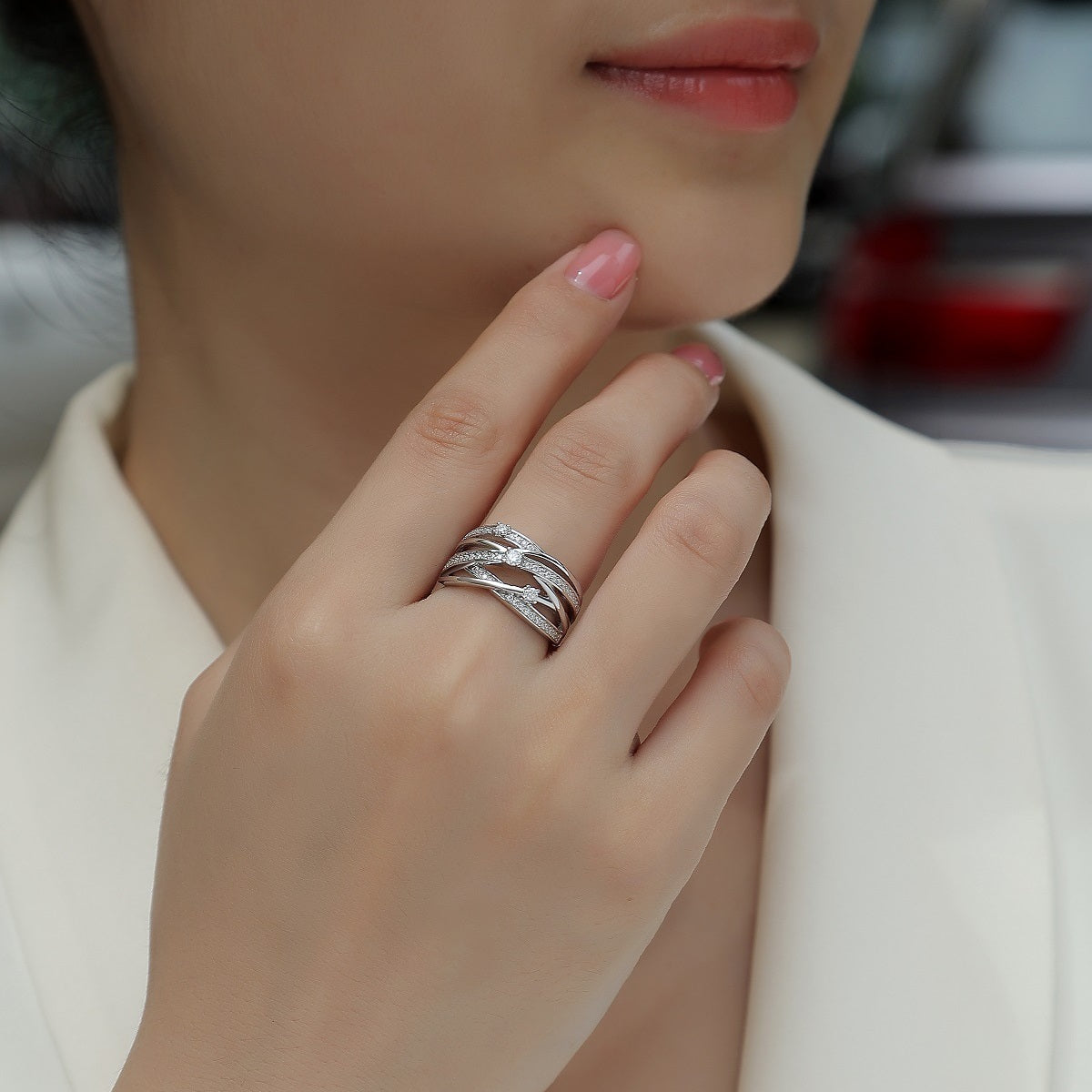 Bague géométrique en moissanite – Argent sterling S925, design entrelacé, anneau fermé, bijou tendance pour femme