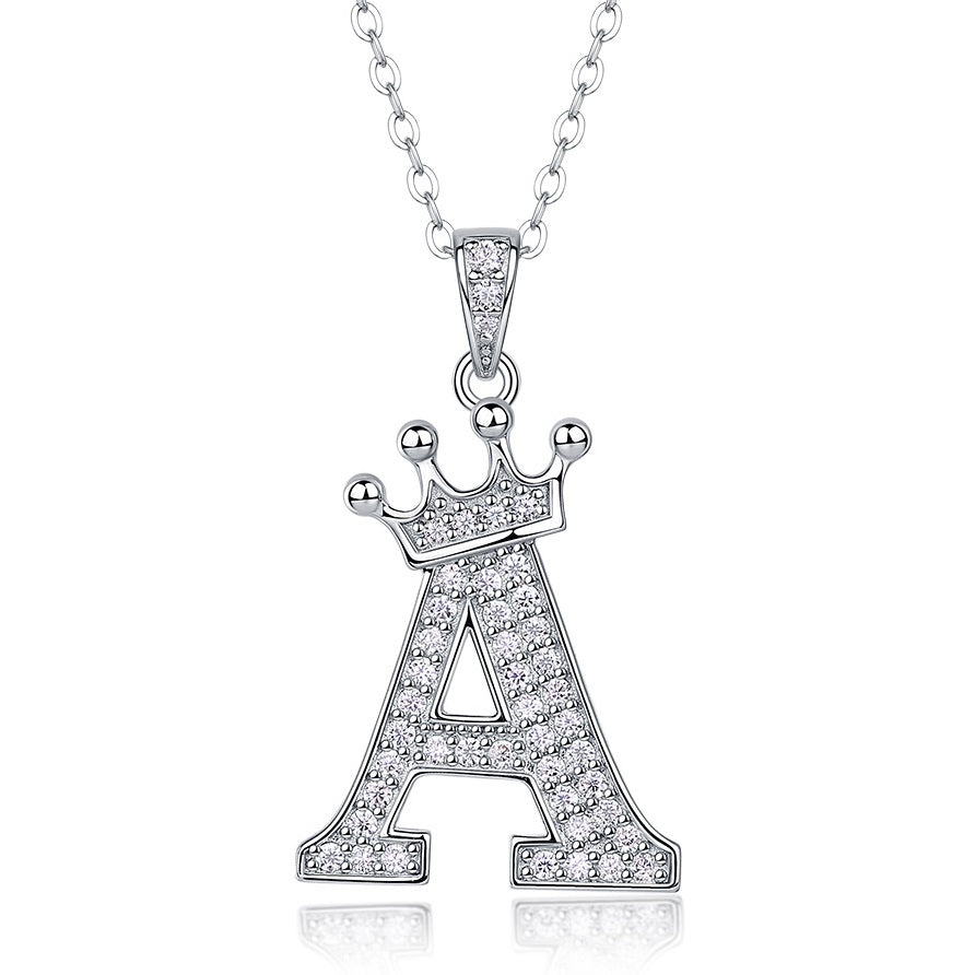 Collier avec initiale en forme de couronne - Pendentif en moissanite en argent sterling S925, chaîne de clavicule, bijou personnalisé avec lettre et halo pavé