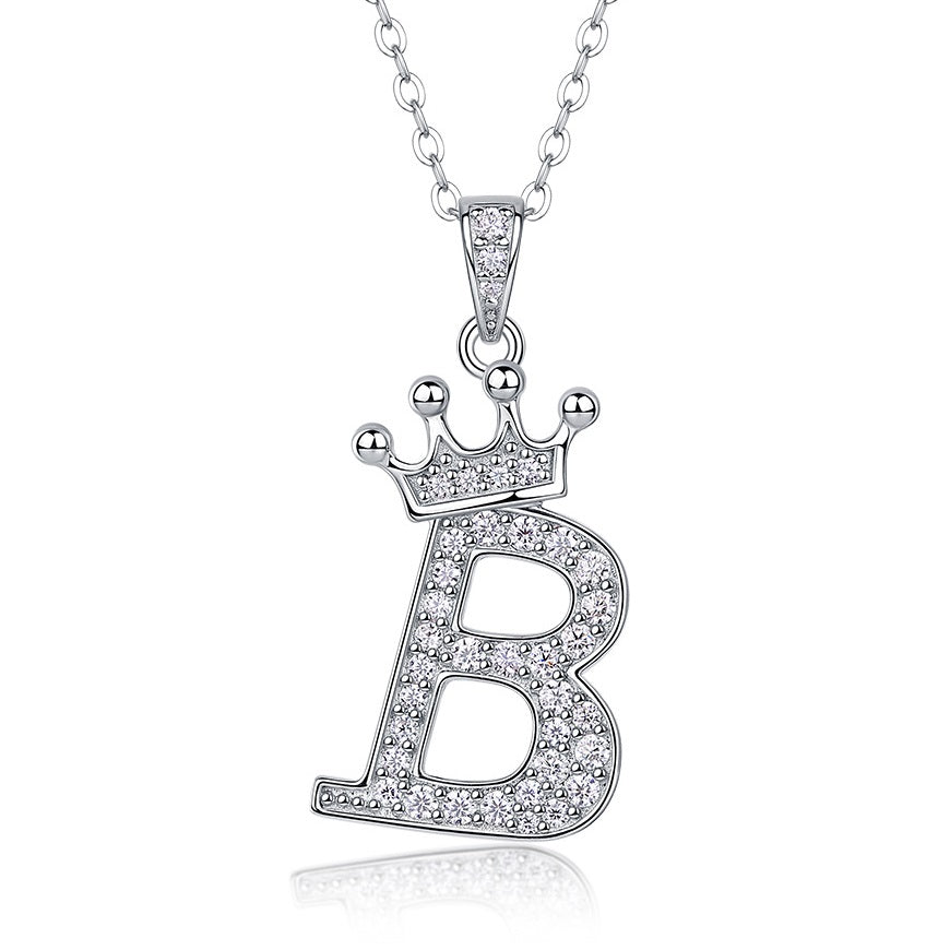Collier avec initiale en forme de couronne - Pendentif en moissanite en argent sterling S925, chaîne de clavicule, bijou personnalisé avec lettre et halo pavé