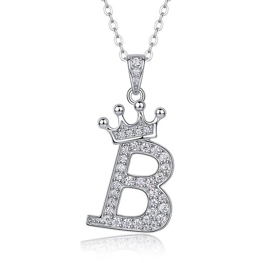 Crown Initial Necklace - S925 Sterling Silver Moissanite Pendant Collarbone Chain, Personalized Letter Jewelry with Pavé Halo