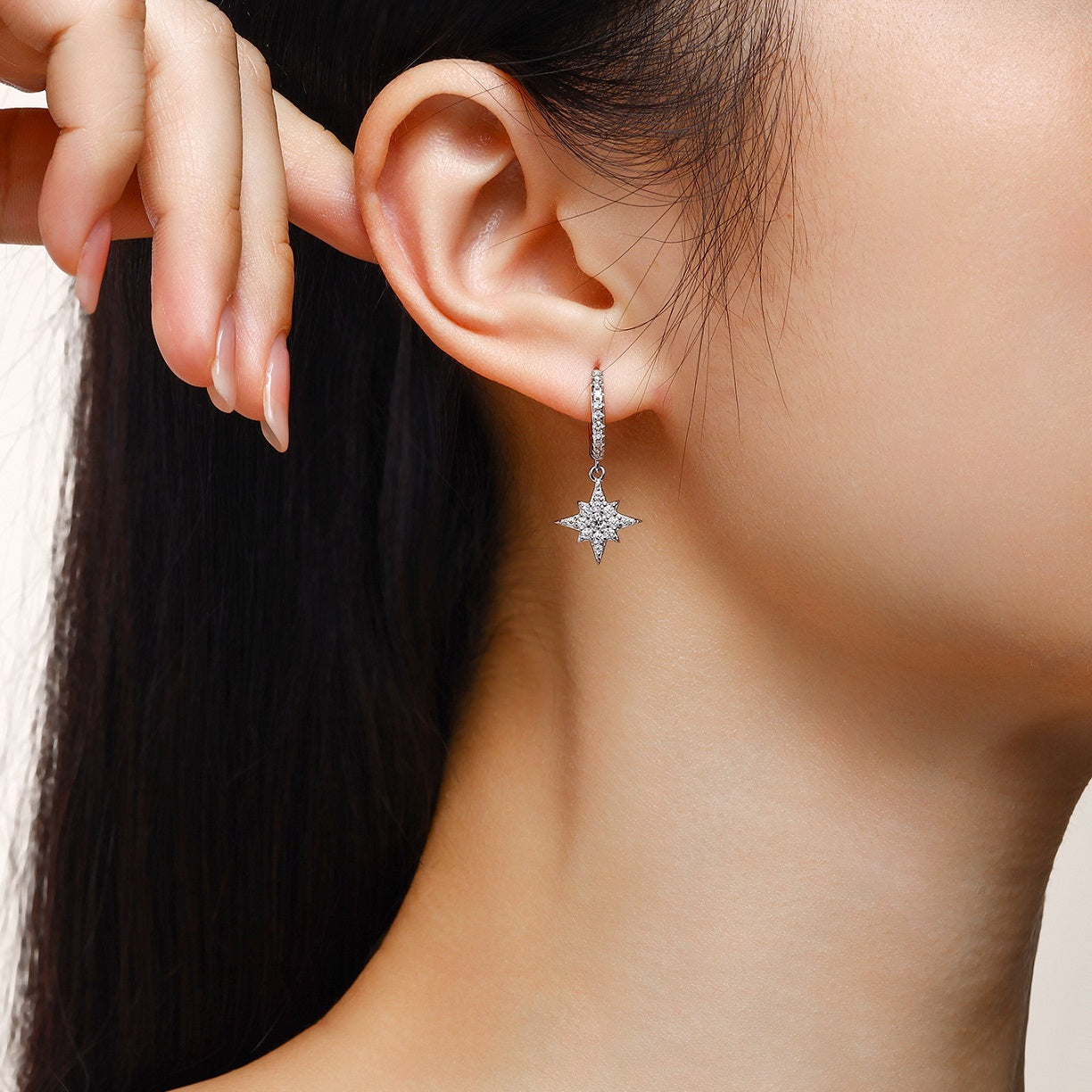 Star and Moon Moissanite Huggie Earrings for Women | Asymmetric D Color 3EX Moissanite, 925 Sterling Silver, 18K White Gold Plated