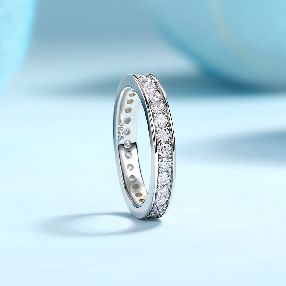 2mm Moissanite Eternity Band Ring - S925 Sterling Silver Full Circle Track Ring, 30 Stone Wedding/Anniversary Jewelry