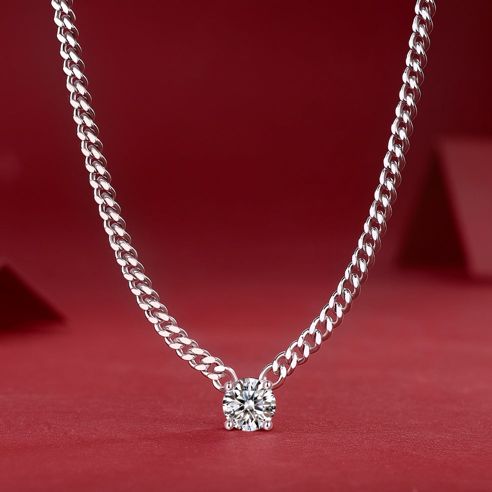 3 Carat Moissanite Cuban Chain Necklace - S925 Sterling Silver Plated White Gold Men's Or Women's Unisex Collarbone Chain, Light Luxury Jewelry