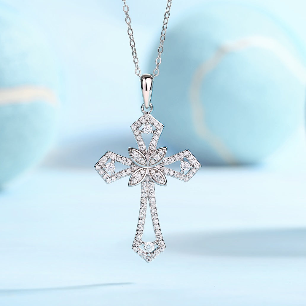 Collier croix en moissanite Shield of Love - Pendentif en argent sterling S925 à 92 pierres, taille 3EX, couleur D, bijou religieux