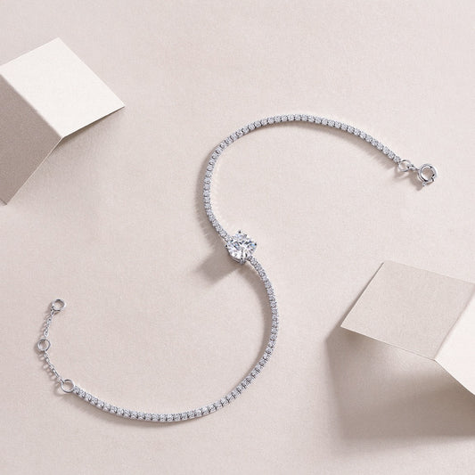 Dawn Dewdrop Moissanite Bracelet - 1ct Center Stone with CZ Accents, S925 Sterling Silver 4.5g Light Luxury Jewelry