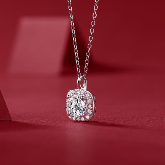 Square Moissanite Pendant Necklace - S925 Sterling Silver Light Luxury Jewelry for Women, Elegant Birthday Gift for Her