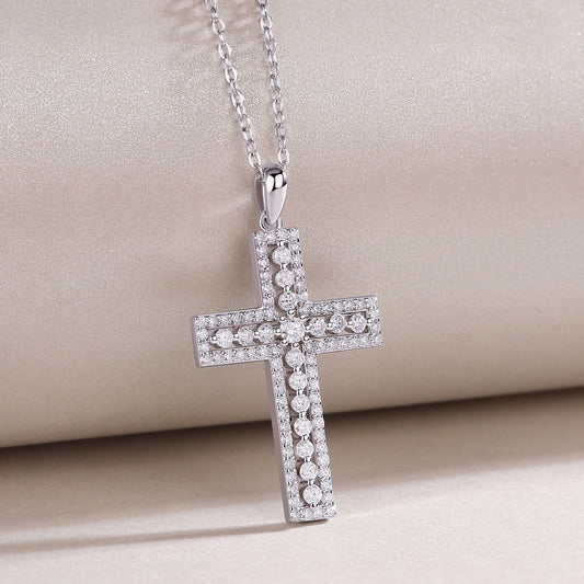 91-Stone Moissanite Cross Necklace - S925 Sterling Silver 3EX Cut D Color Pendant, Religious Collarbone Chain for Women