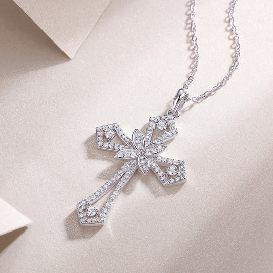 Shield of Love Moissanite Cross Necklace - 92-Stone S925 Sterling Silver Pendant, 3EX Cut D Color Religious Jewelry