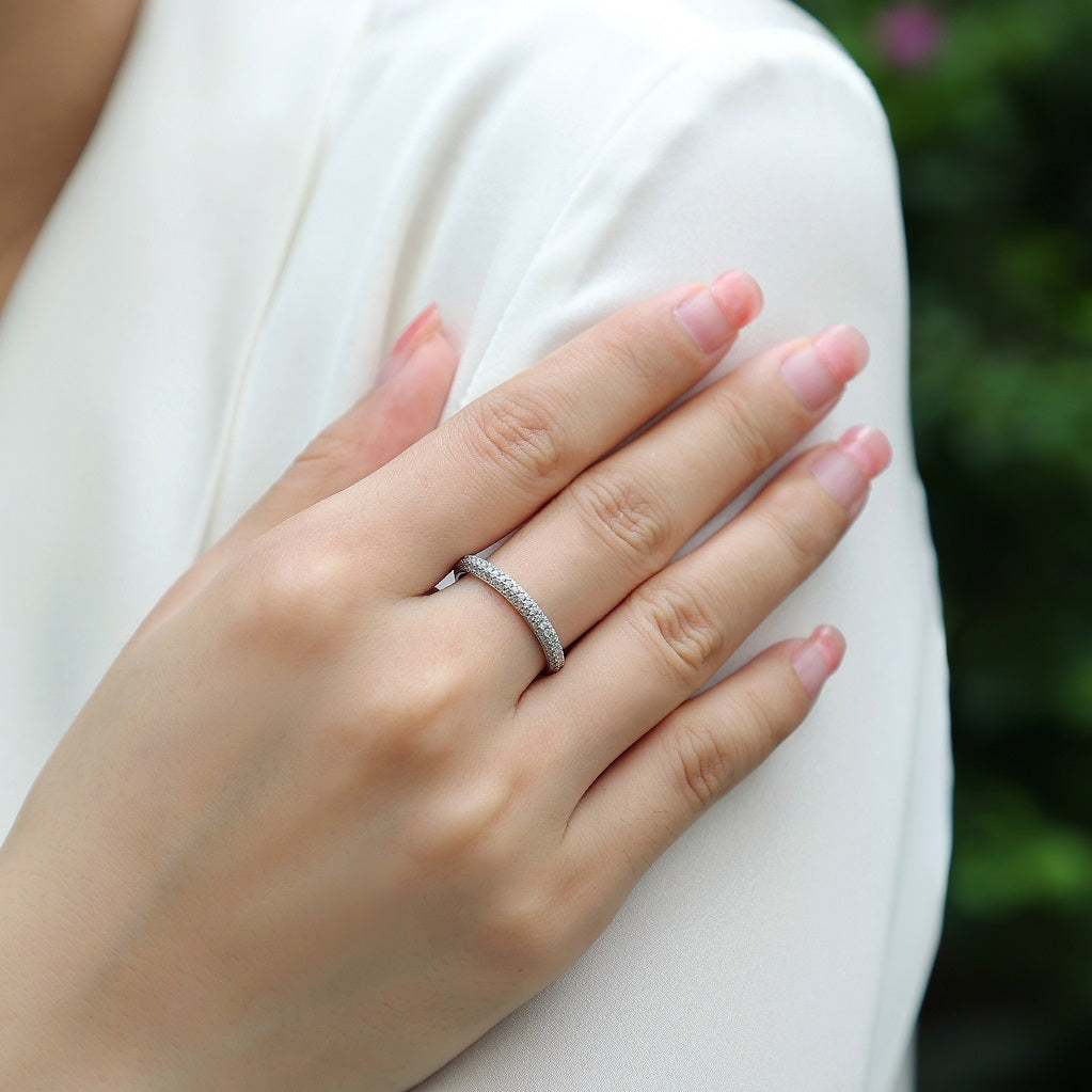 Full Eternity Moissanite Ring - S925 Sterling Silver Curved Band, 360° Sparkle Non-Tarnish Women's Jewelry
