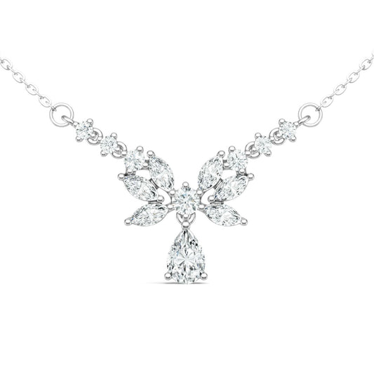 925 Silver Leaf - Shaped Moissanite Necklace | 18K White Gold Plated, 5*8mm Pear - Cut Main Stone + 13 Accent Stones, Cross Round Chain