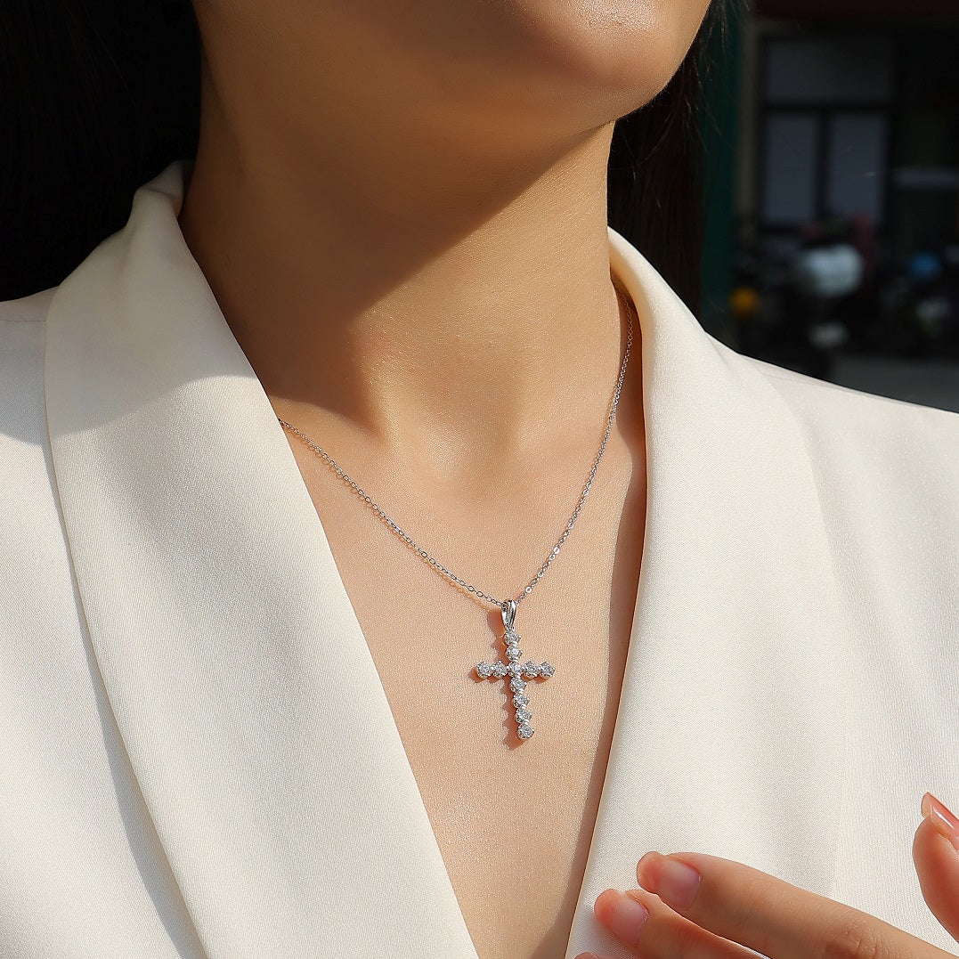 11-Stone Moissanite Cross Necklace - S925 Sterling Silver 3EX Cut D Color Pendant, Religious Collarbone Chain