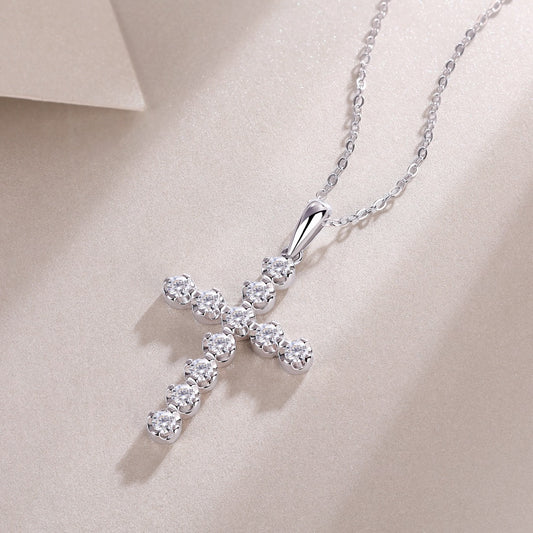 11-Stone Moissanite Cross Necklace - S925 Sterling Silver 3EX Cut D Color Pendant, Religious Collarbone Chain