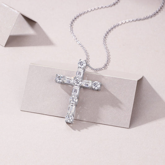 5.5ct 11-Stone Moissanite Cross Necklace - S925 Sterling Silver 3EX Cut D Color Pendant, Religious Collarbone Chain