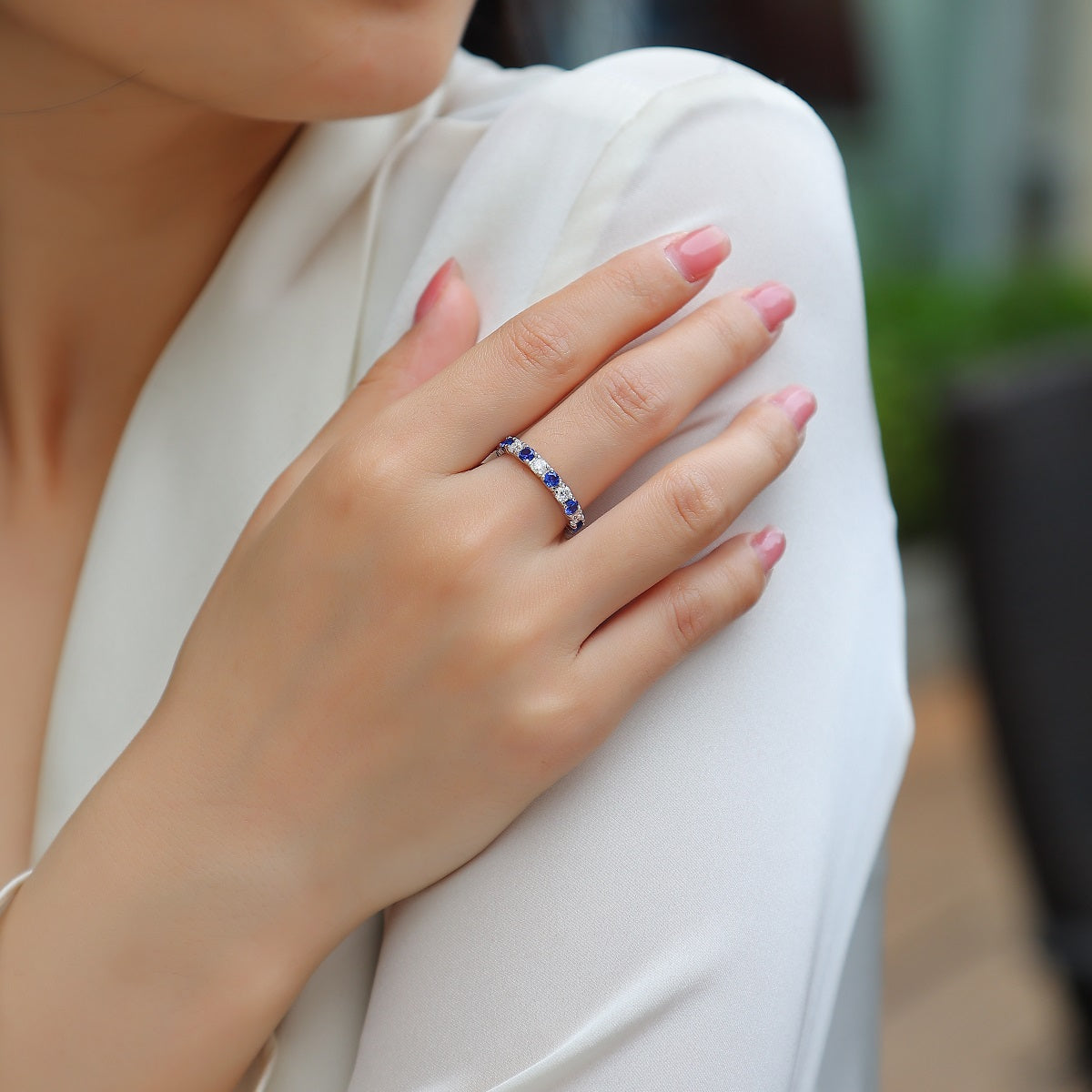 Moissanite and Lab-Grown Sapphire Ring for Women | 925 Sterling Silver, Luxury Blue Gemstone Jewelry